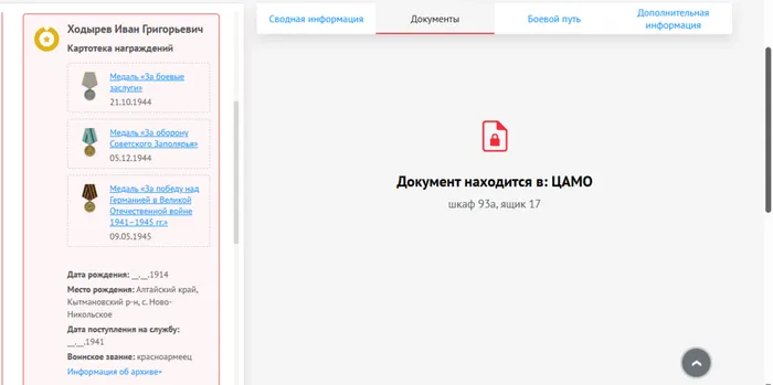 Картотека награждений, сайт Память народа
