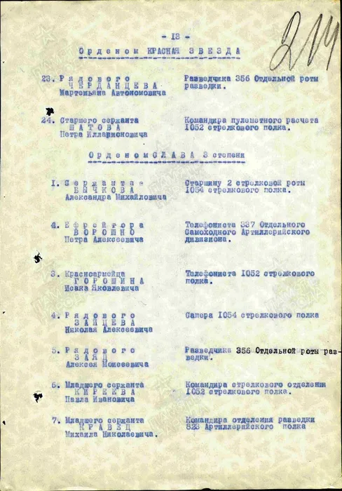 Орден Красной Звезды от 20 марта 1945 года строка 23 в наградном списке