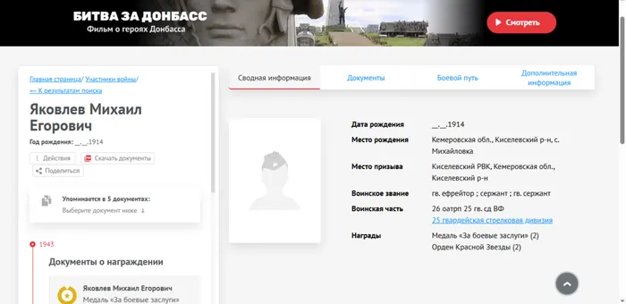 Сводная информация, сайт Память народа.