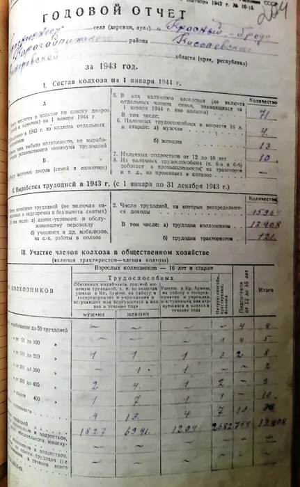Годовой отчёт колхоза Красноармеец 1943 год