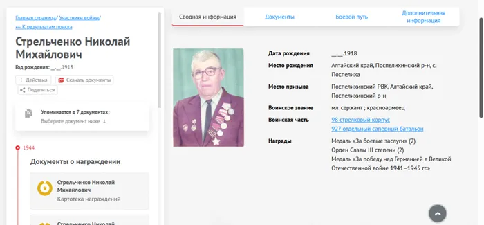 Сводная информация, сайт Память народа